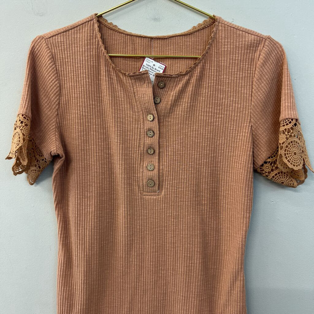 Brown Ribbed Lace Short Sleeve Henley Top Medium