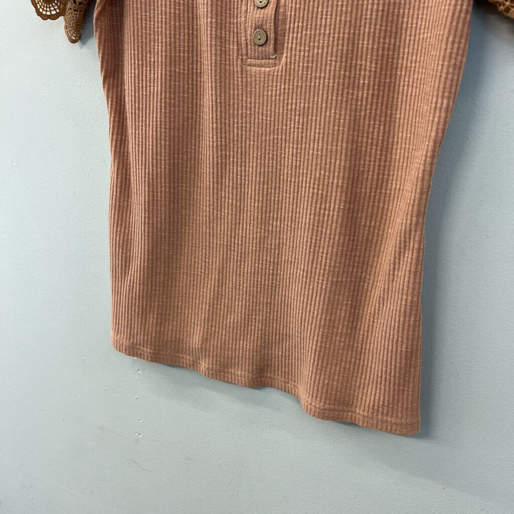 Brown Ribbed Lace Short Sleeve Henley Top Medium