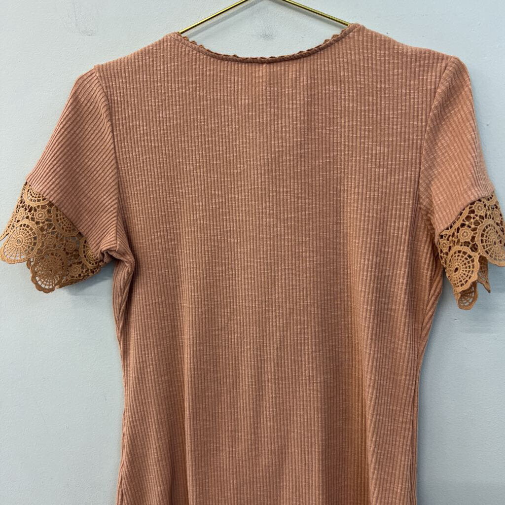 Brown Ribbed Lace Short Sleeve Henley Top Medium