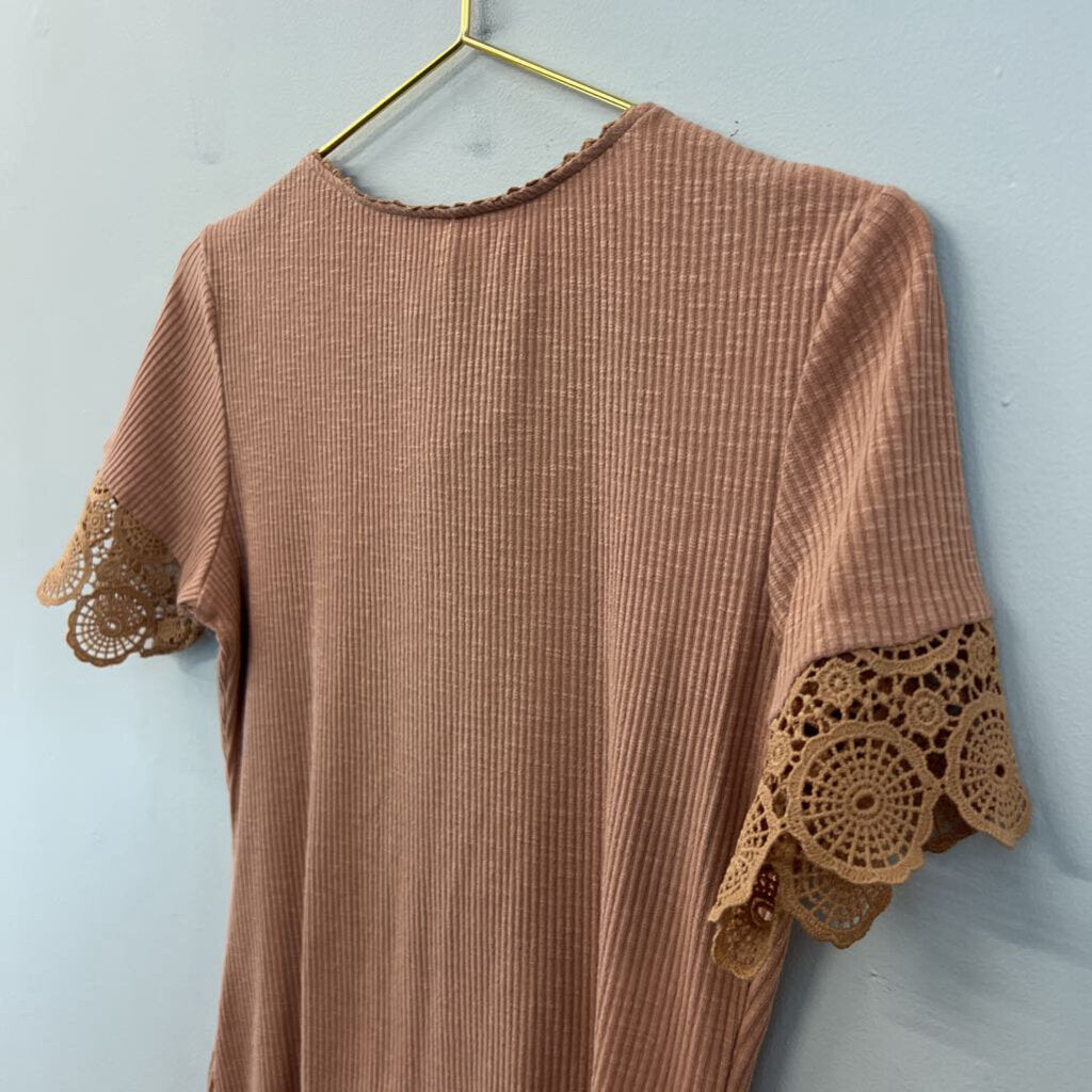 Brown Ribbed Lace Short Sleeve Henley Top Medium