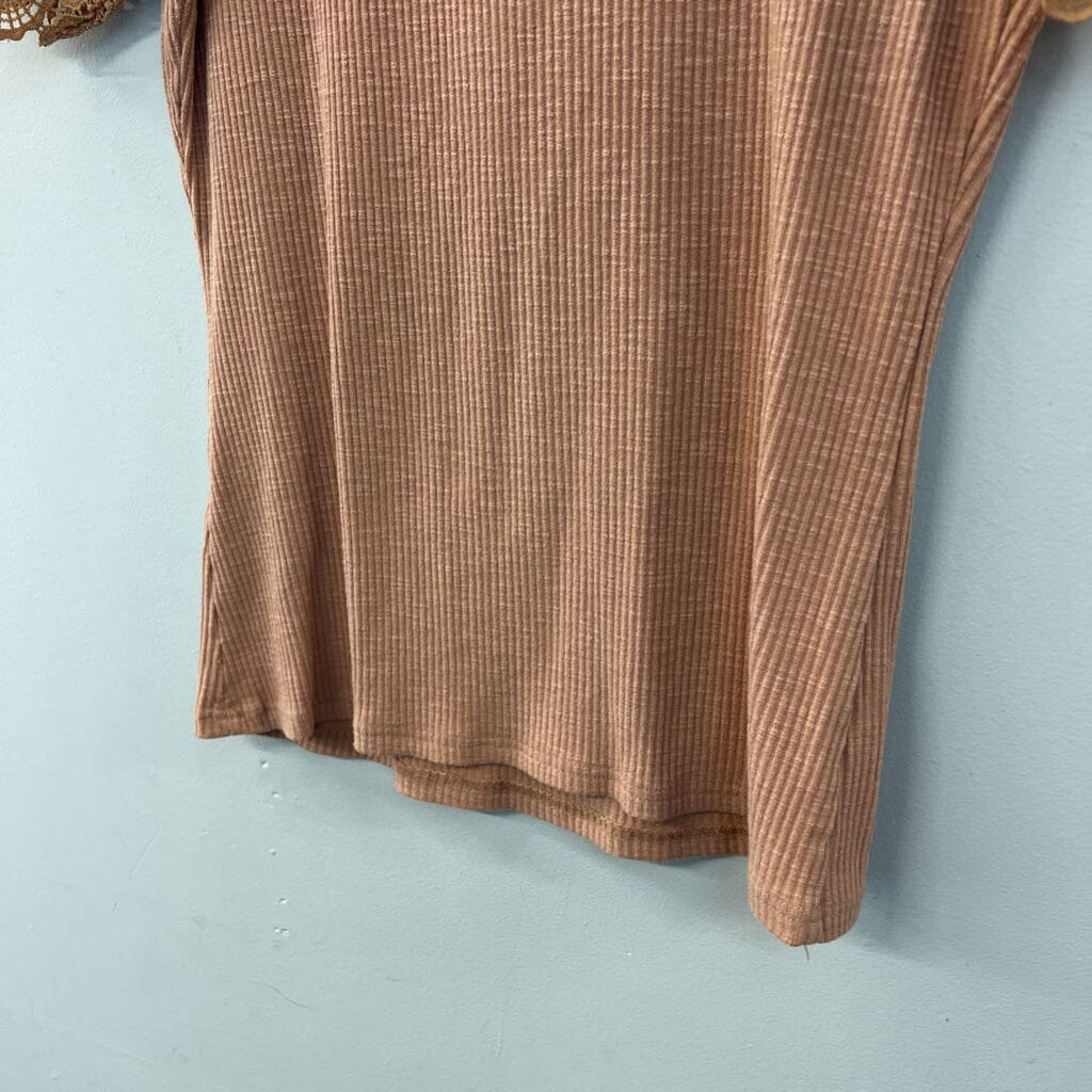 Brown Ribbed Lace Short Sleeve Henley Top Medium