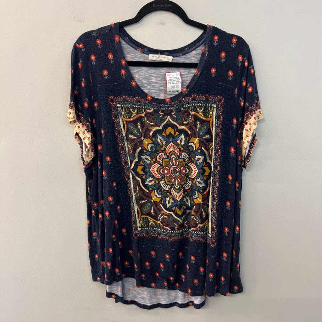 Famers Market Navy/ Multi Print Short Sleeve To 1X