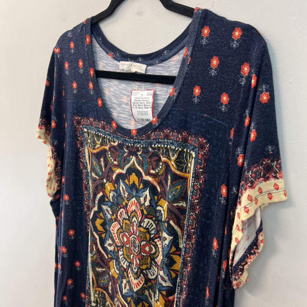 Famers Market Navy/ Multi Print Short Sleeve To 1X