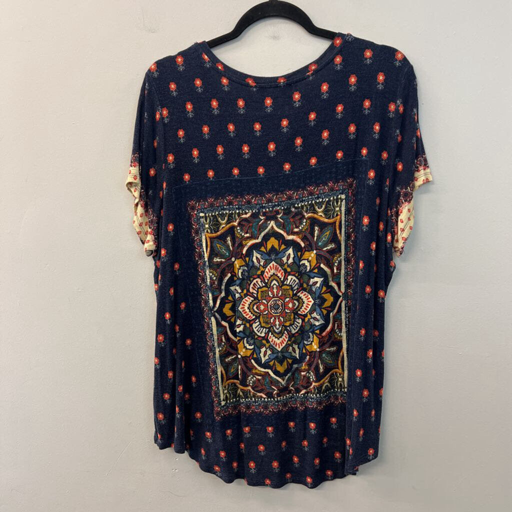Famers Market Navy/ Multi Print Short Sleeve To 1X
