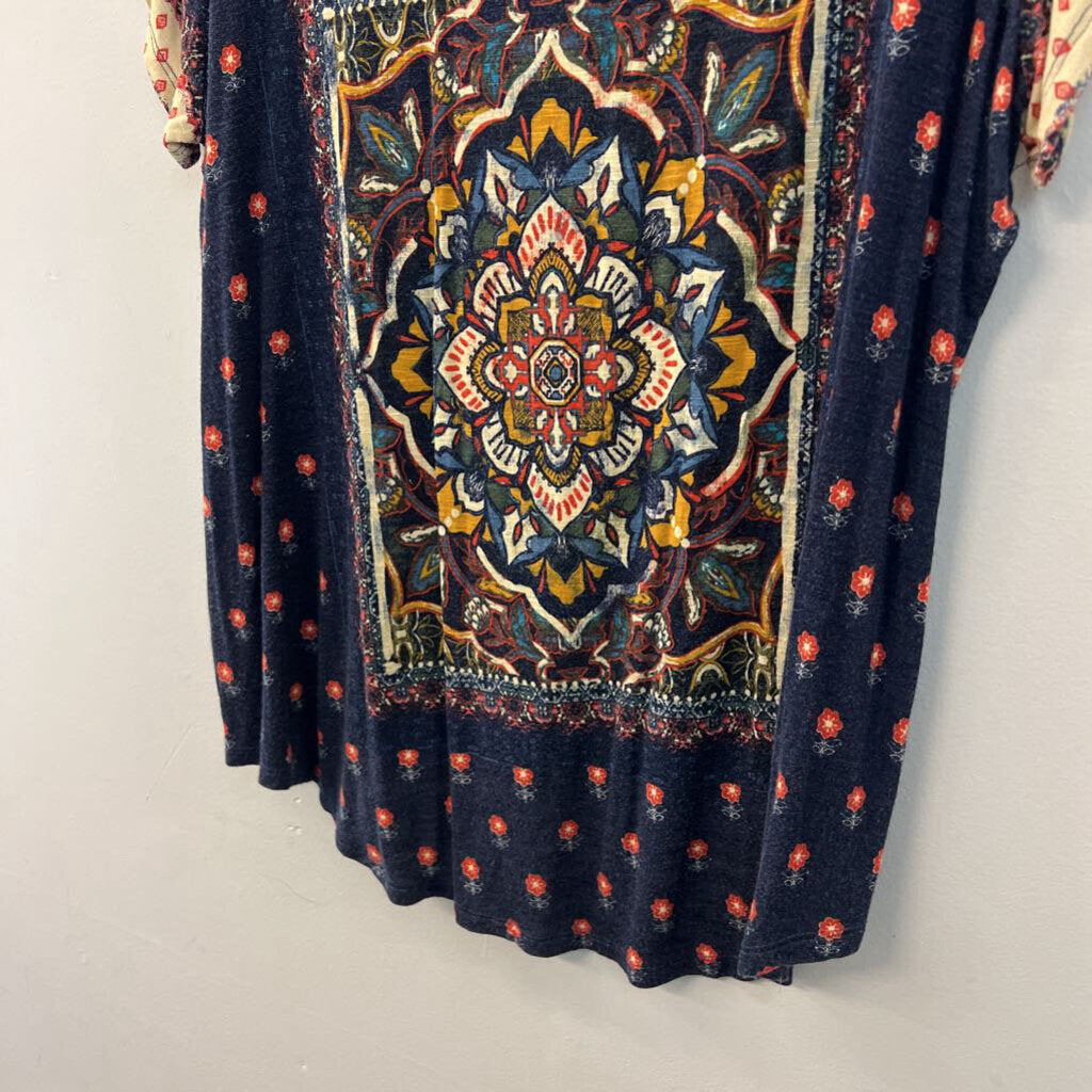 Famers Market Navy/ Multi Print Short Sleeve To 1X