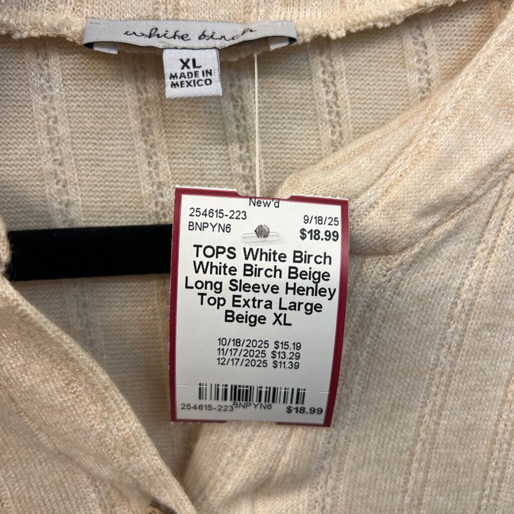 White Birch Beige Long Sleeve Henley Top Extra Large