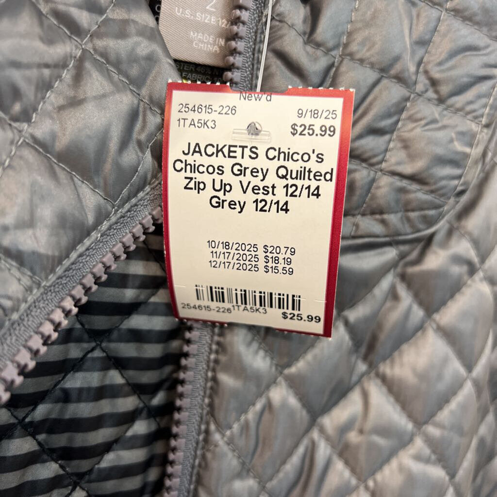 Chicos Grey Quilted Zip Up Vest 12/14