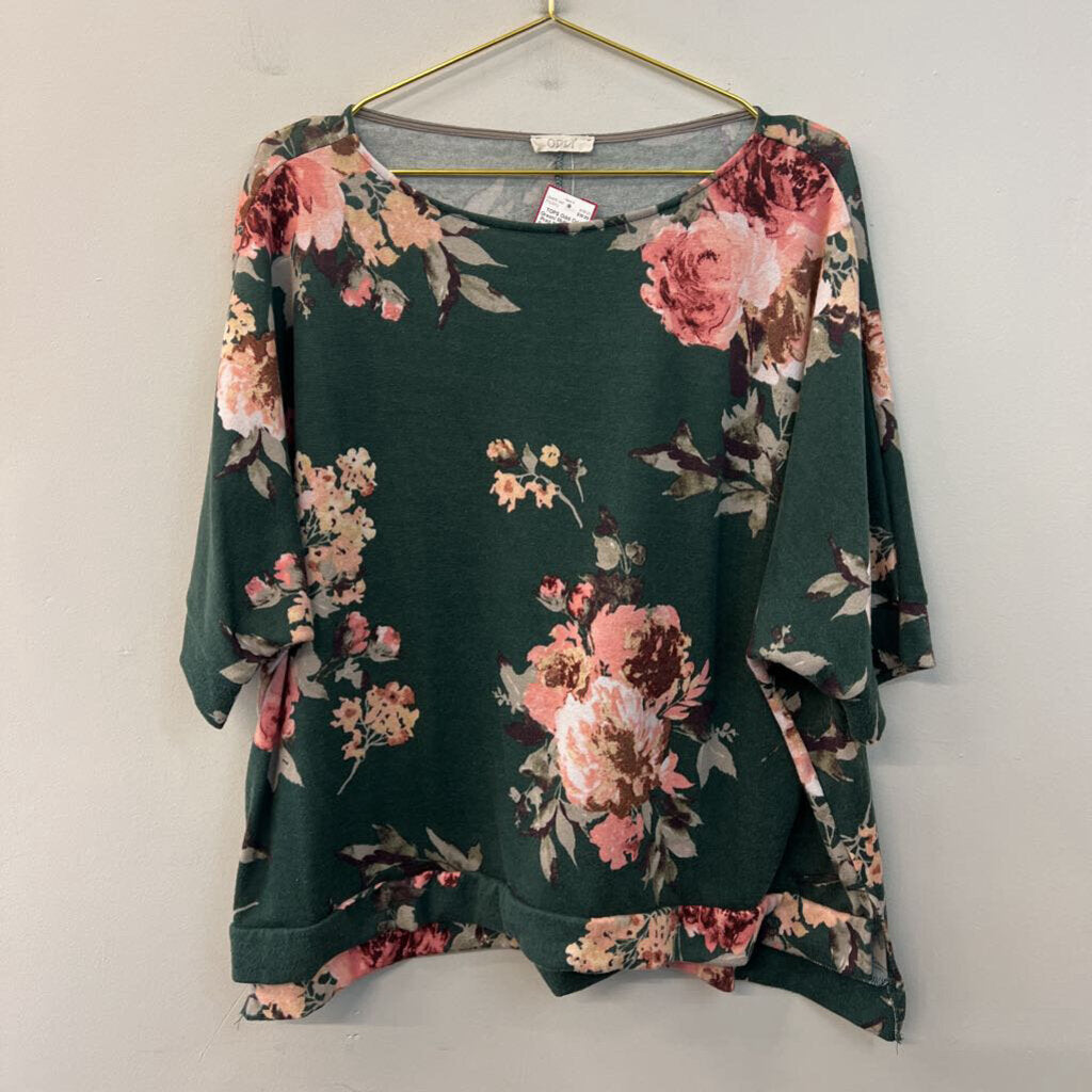 Oddi Green/ Multi Flower Print Short Sleeve Top Medium/ Large