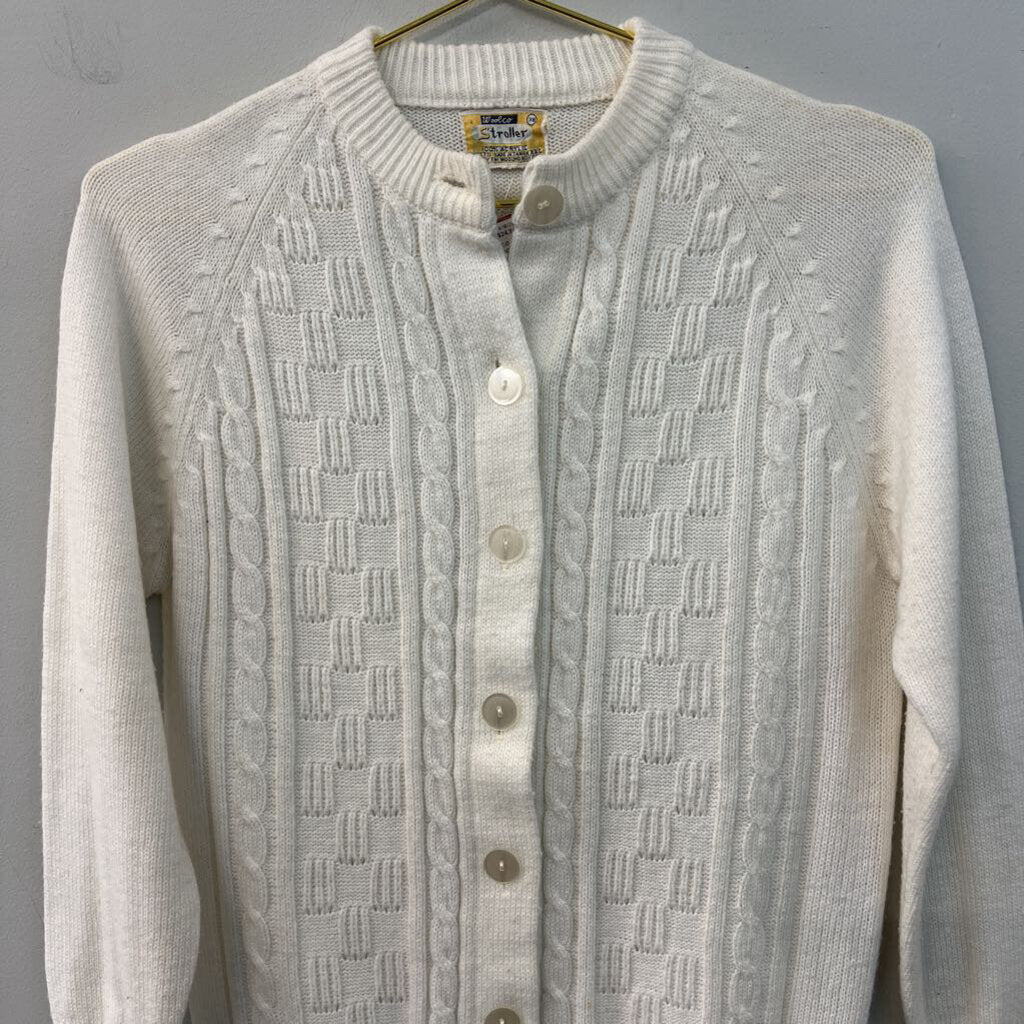 Vintage Woolco Sstroller Cream Cable Knit Cardigan Sweater 38