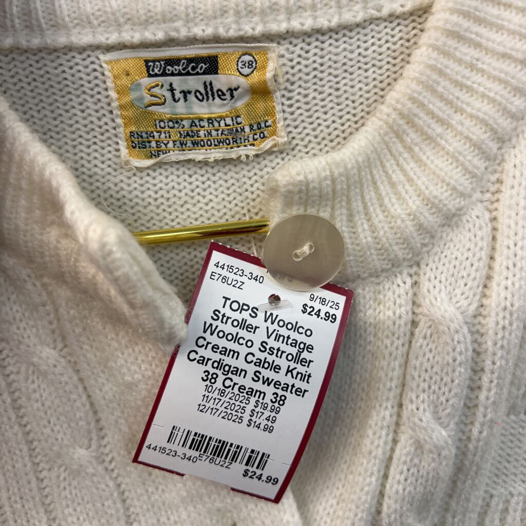 Vintage Woolco Sstroller Cream Cable Knit Cardigan Sweater 38