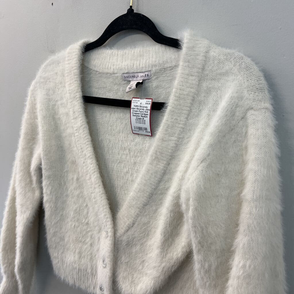 Sincerely Jules Cream Fuzzy Knit Cropped Cardigan Sweater Medium