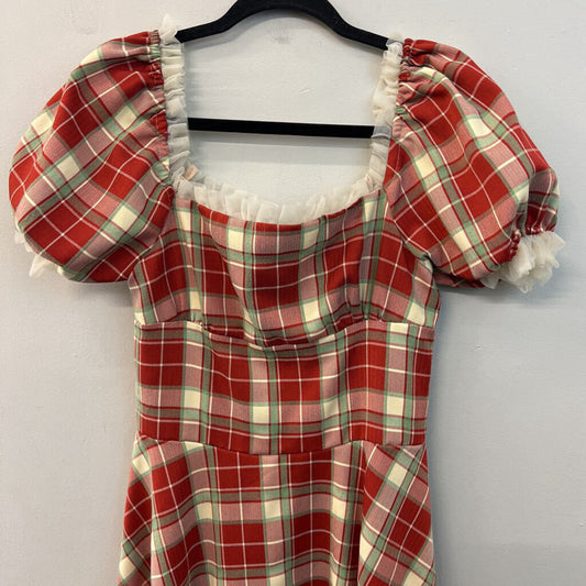 AOSIZE Red/ Green Plaid Short Puff Sleeve Midi Dress Medium
