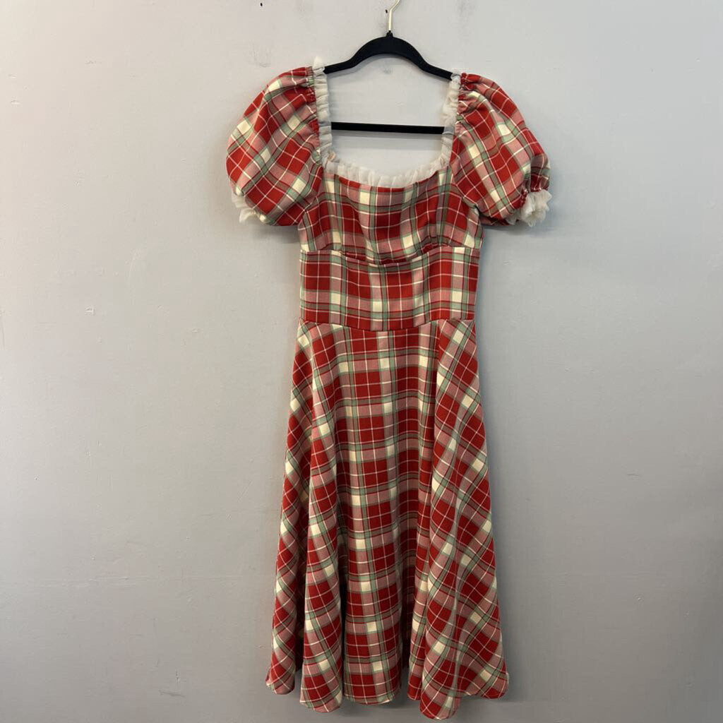 AOSIZE Red/ Green Plaid Short Puff Sleeve Midi Dress Medium