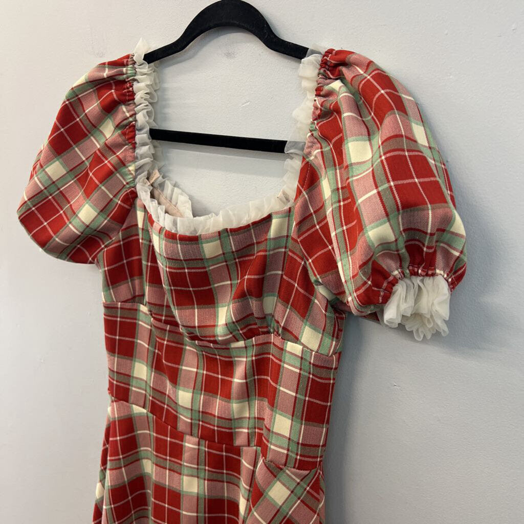AOSIZE Red/ Green Plaid Short Puff Sleeve Midi Dress Medium