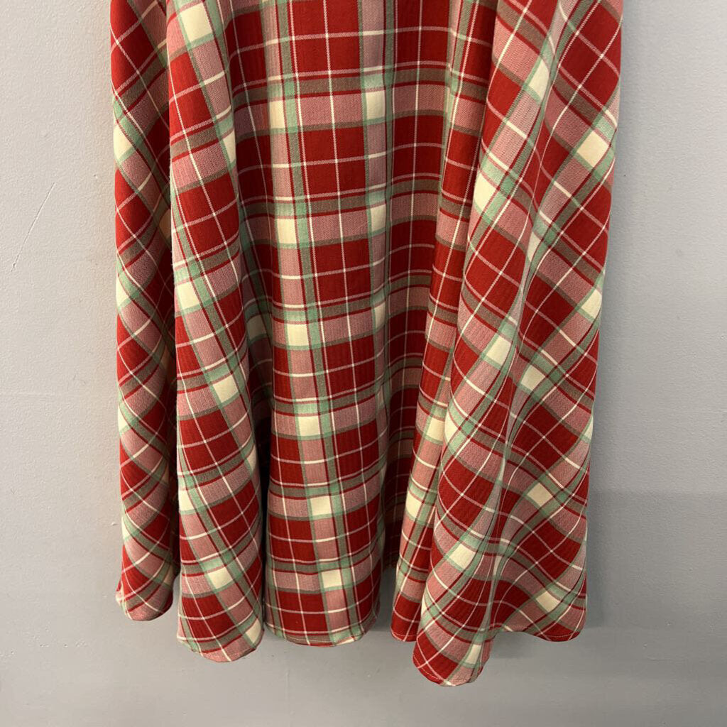 AOSIZE Red/ Green Plaid Short Puff Sleeve Midi Dress Medium