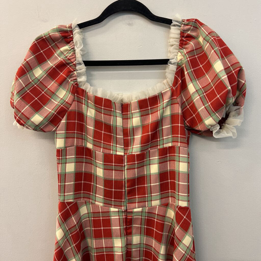 AOSIZE Red/ Green Plaid Short Puff Sleeve Midi Dress Medium