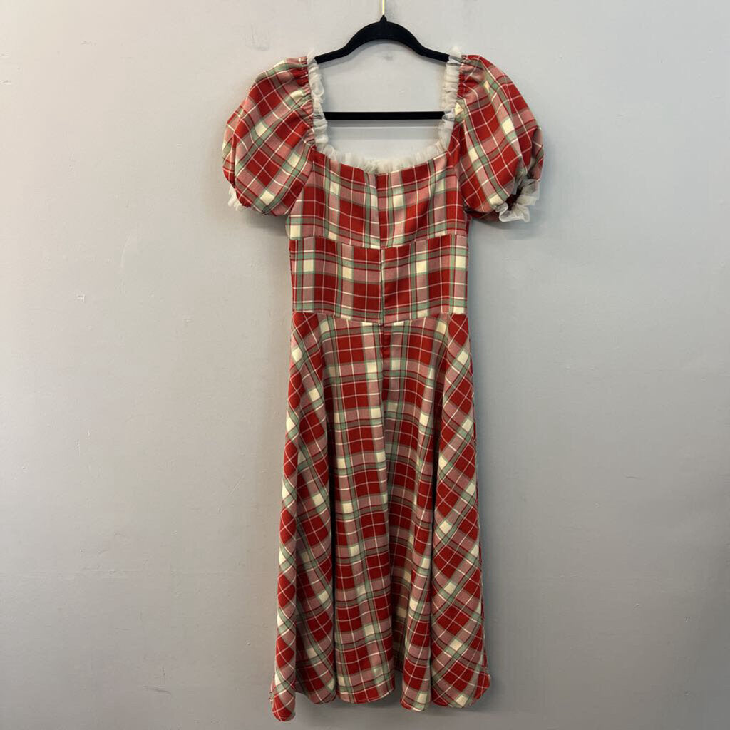 AOSIZE Red/ Green Plaid Short Puff Sleeve Midi Dress Medium