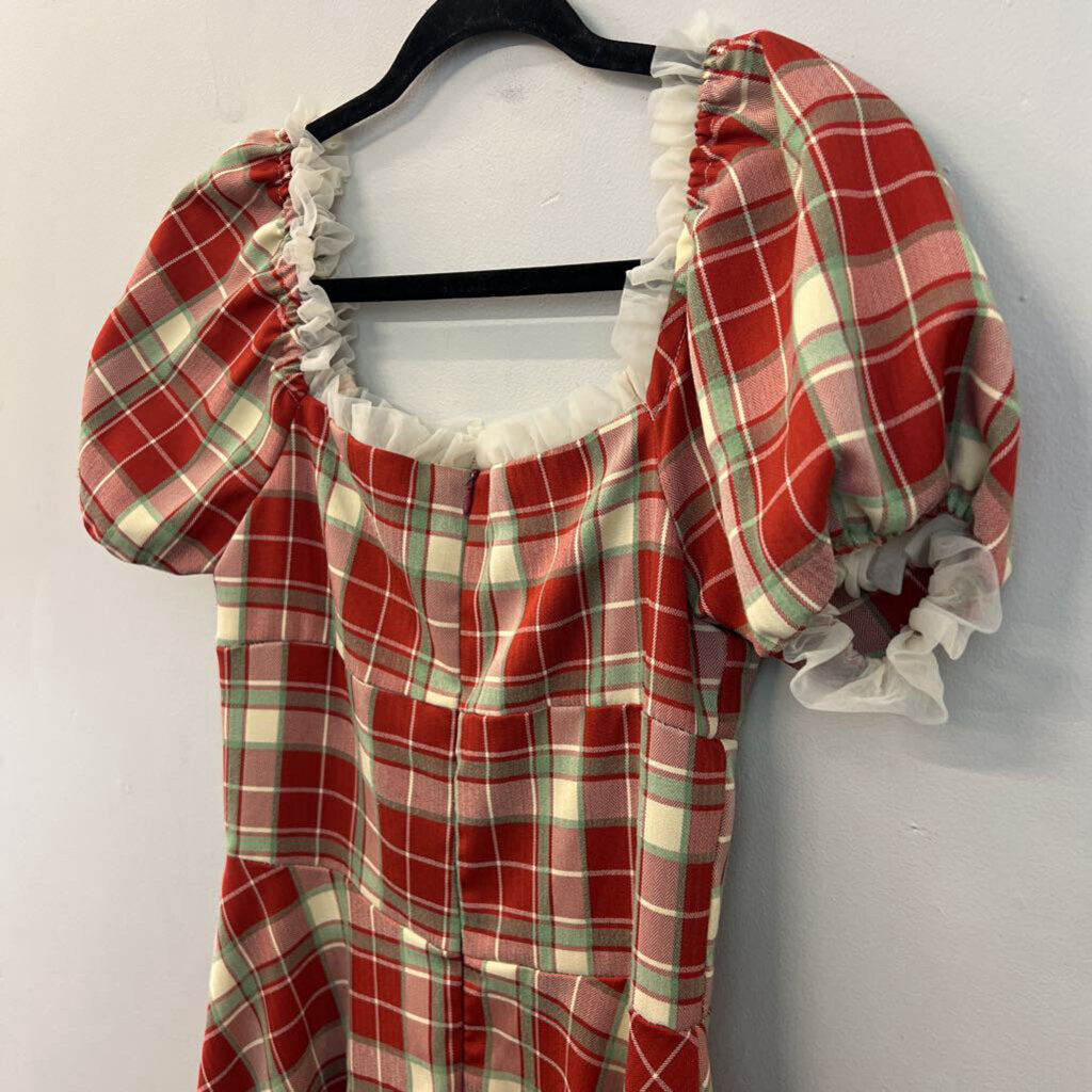 AOSIZE Red/ Green Plaid Short Puff Sleeve Midi Dress Medium