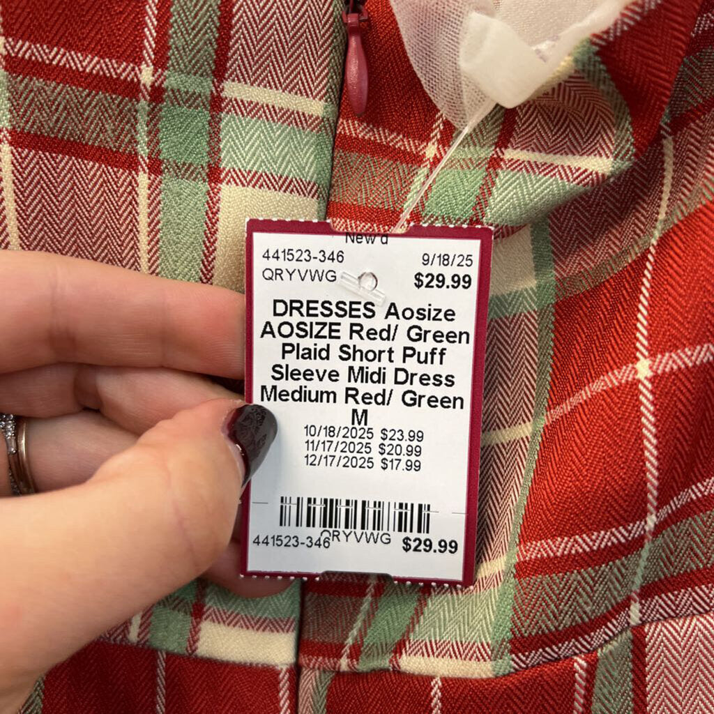 AOSIZE Red/ Green Plaid Short Puff Sleeve Midi Dress Medium