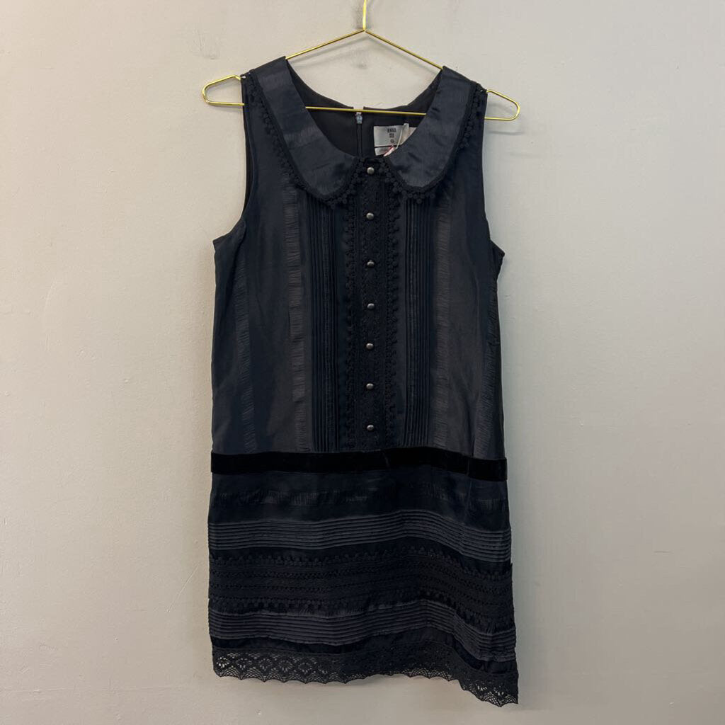 Anna Sui Black Lace Detail Sleeveless Collared Dress Medium