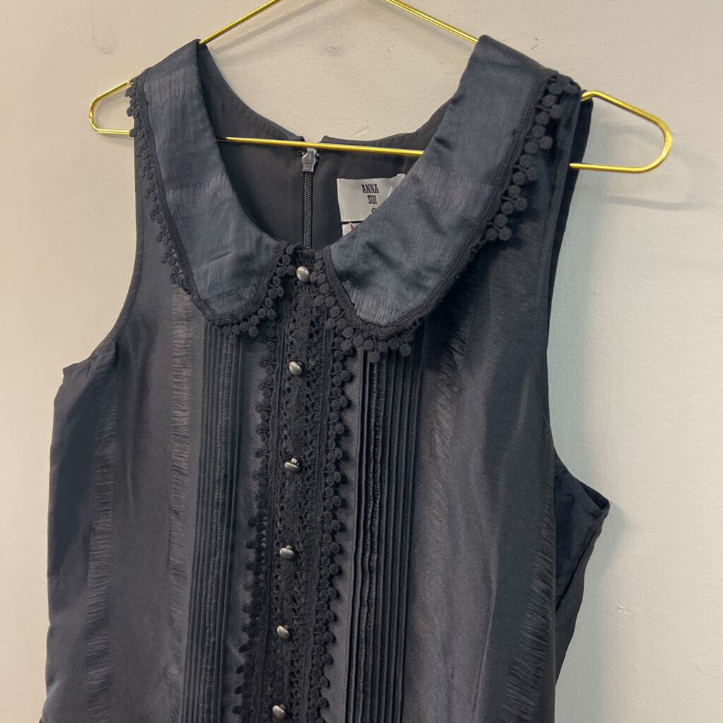 Anna Sui Black Lace Detail Sleeveless Collared Dress Medium
