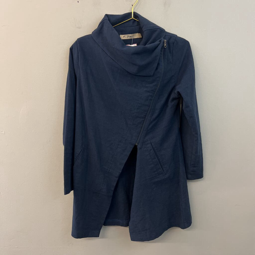 K'frans Navy 100% Cotton A Symmetrical Zip Up Long Jacket 2