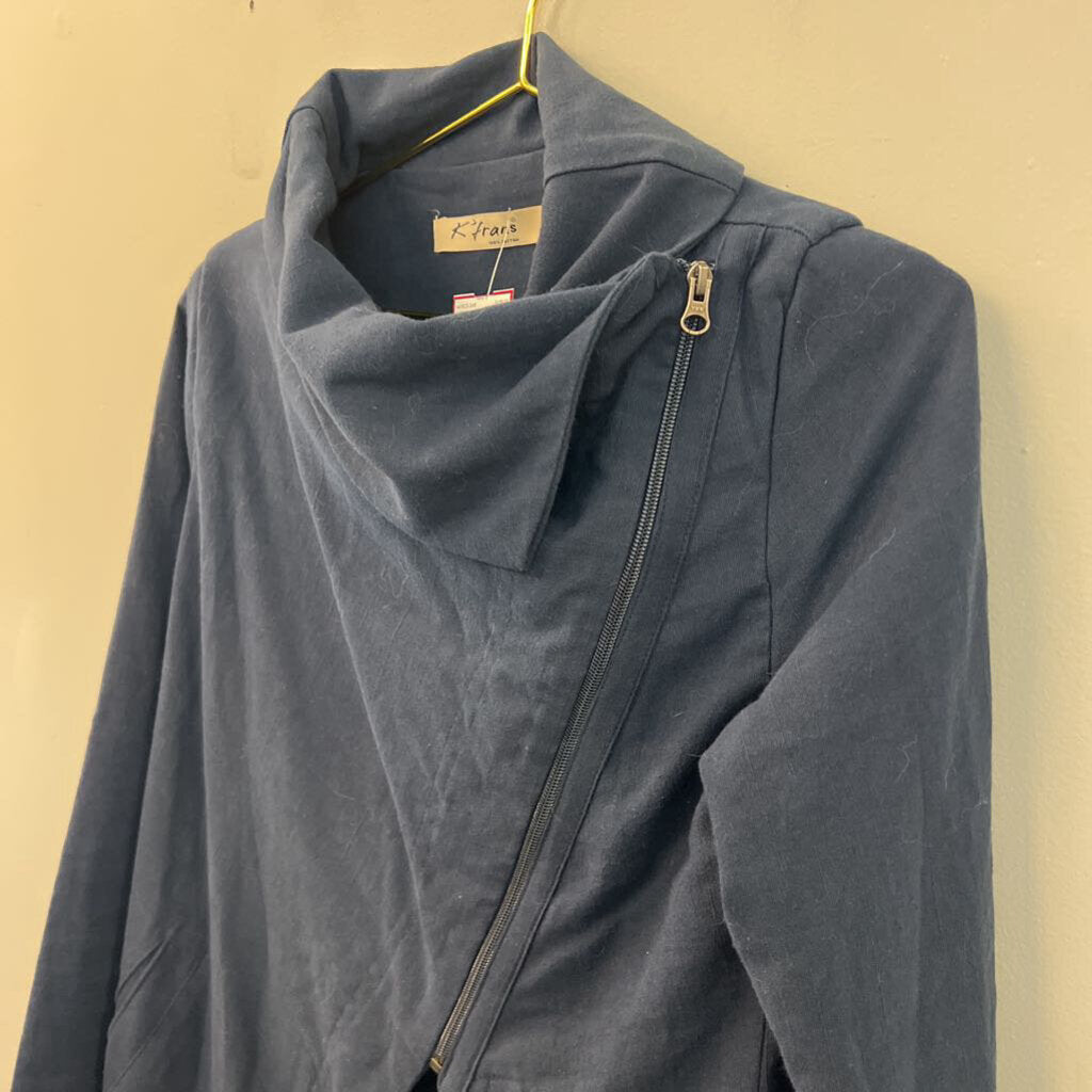 K'frans Navy 100% Cotton A Symmetrical Zip Up Long Jacket 2