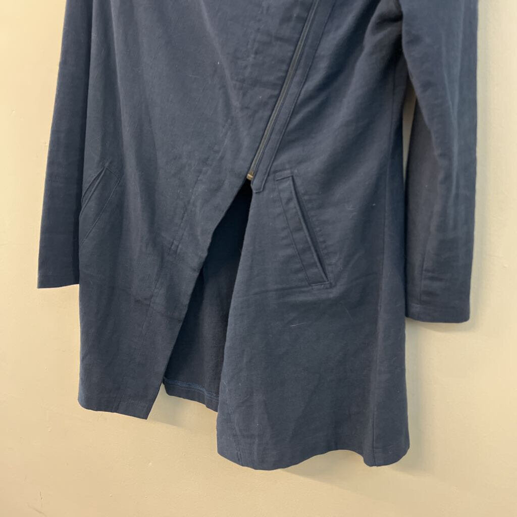 K'frans Navy 100% Cotton A Symmetrical Zip Up Long Jacket 2