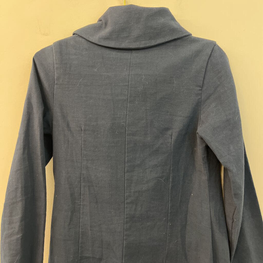 K'frans Navy 100% Cotton A Symmetrical Zip Up Long Jacket 2