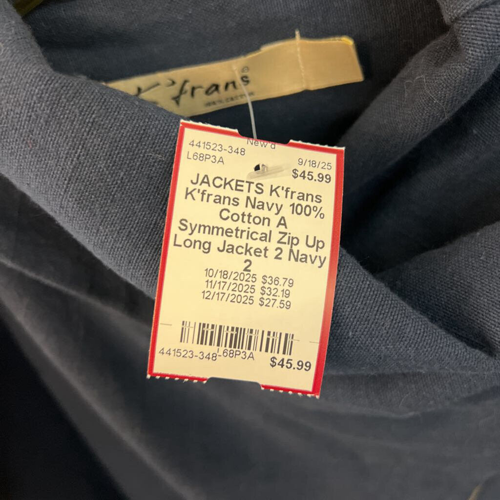 K'frans Navy 100% Cotton A Symmetrical Zip Up Long Jacket 2