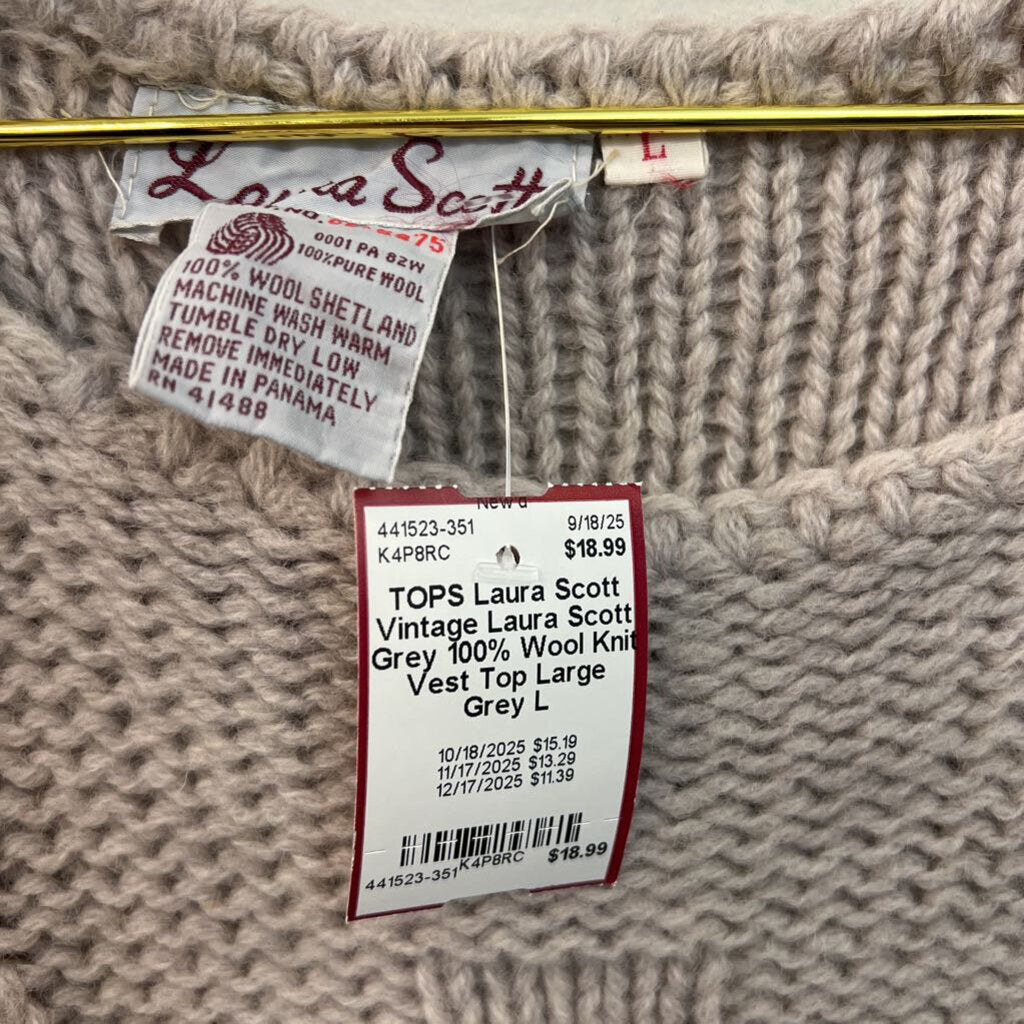 Vintage Laura Scott Grey 100% Wool Knit Vest Top Large