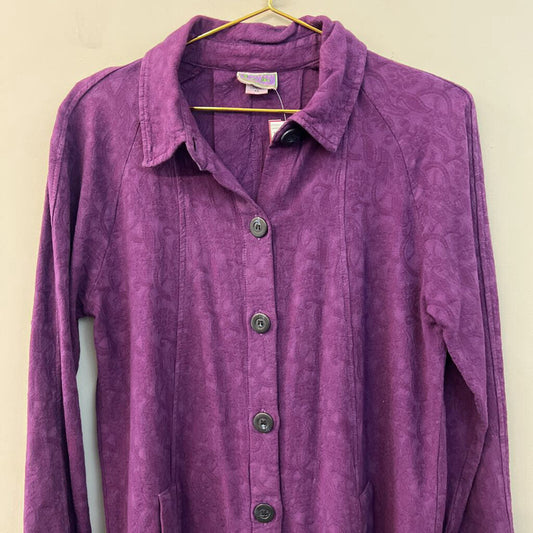 Eucalyptus Purple Textured Print Long Sleeve Button Down Shacket Top Extra Small