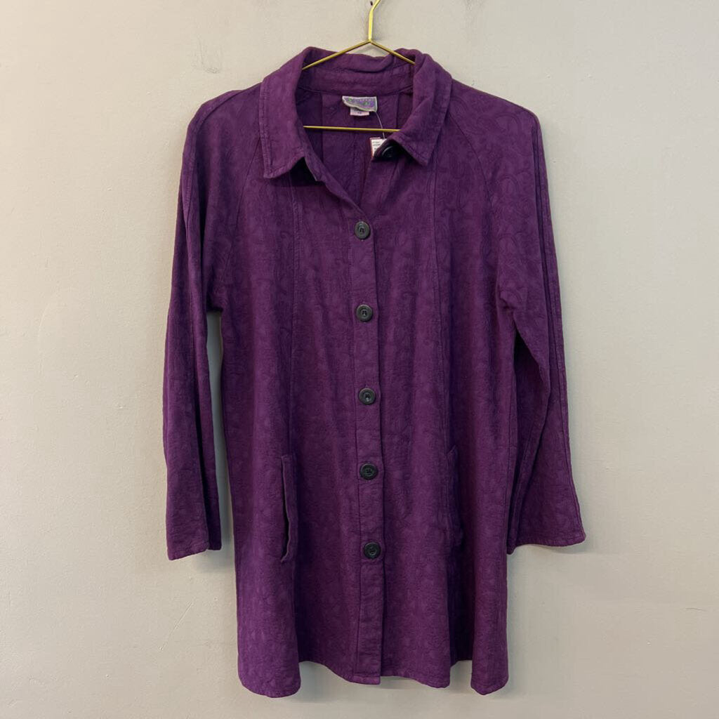 Eucalyptus Purple Textured Print Long Sleeve Button Down Shacket Top Extra Small