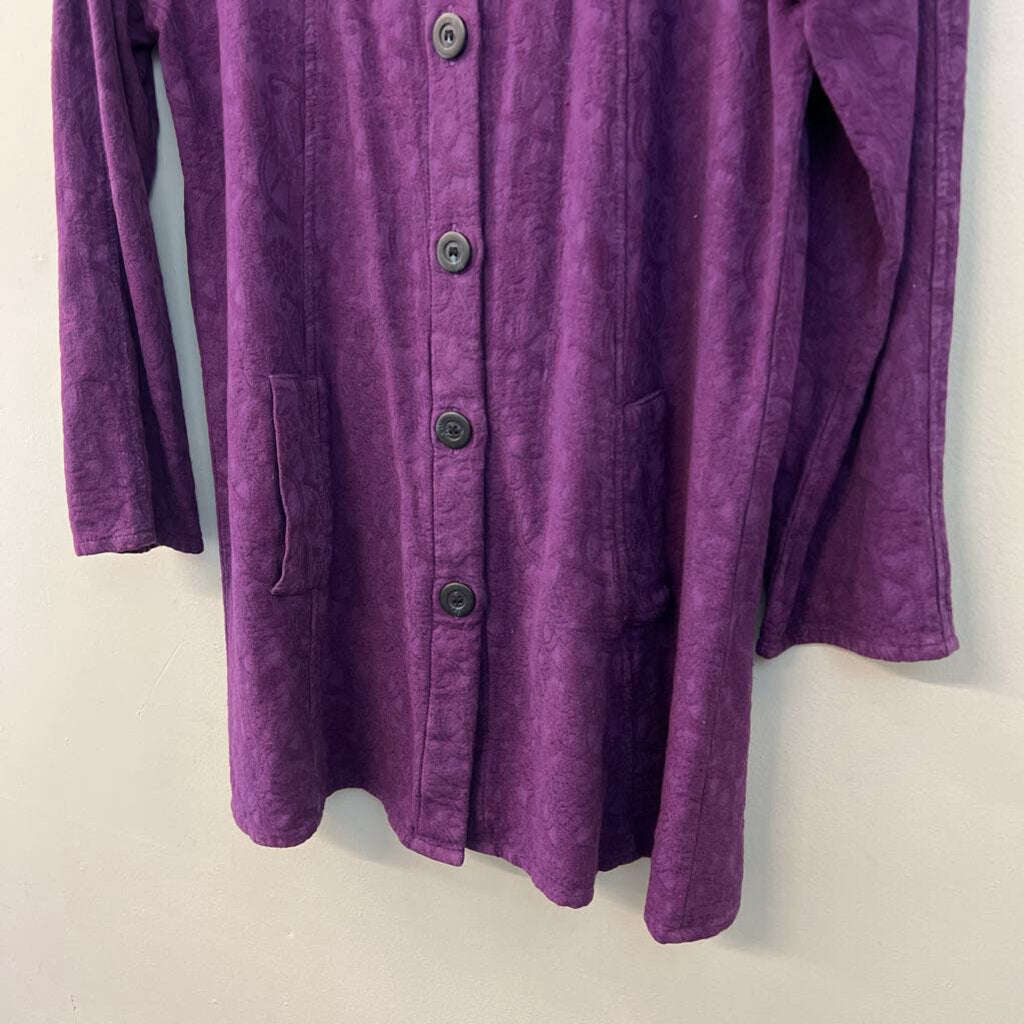 Eucalyptus Purple Textured Print Long Sleeve Button Down Shacket Top Extra Small