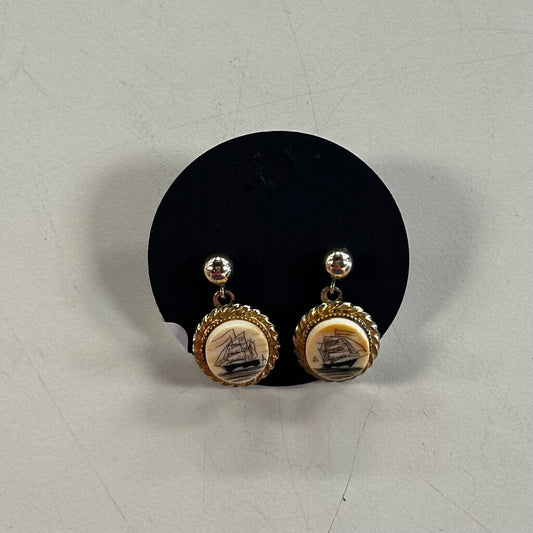 Vintage Gold Ship Print Drop Earrings