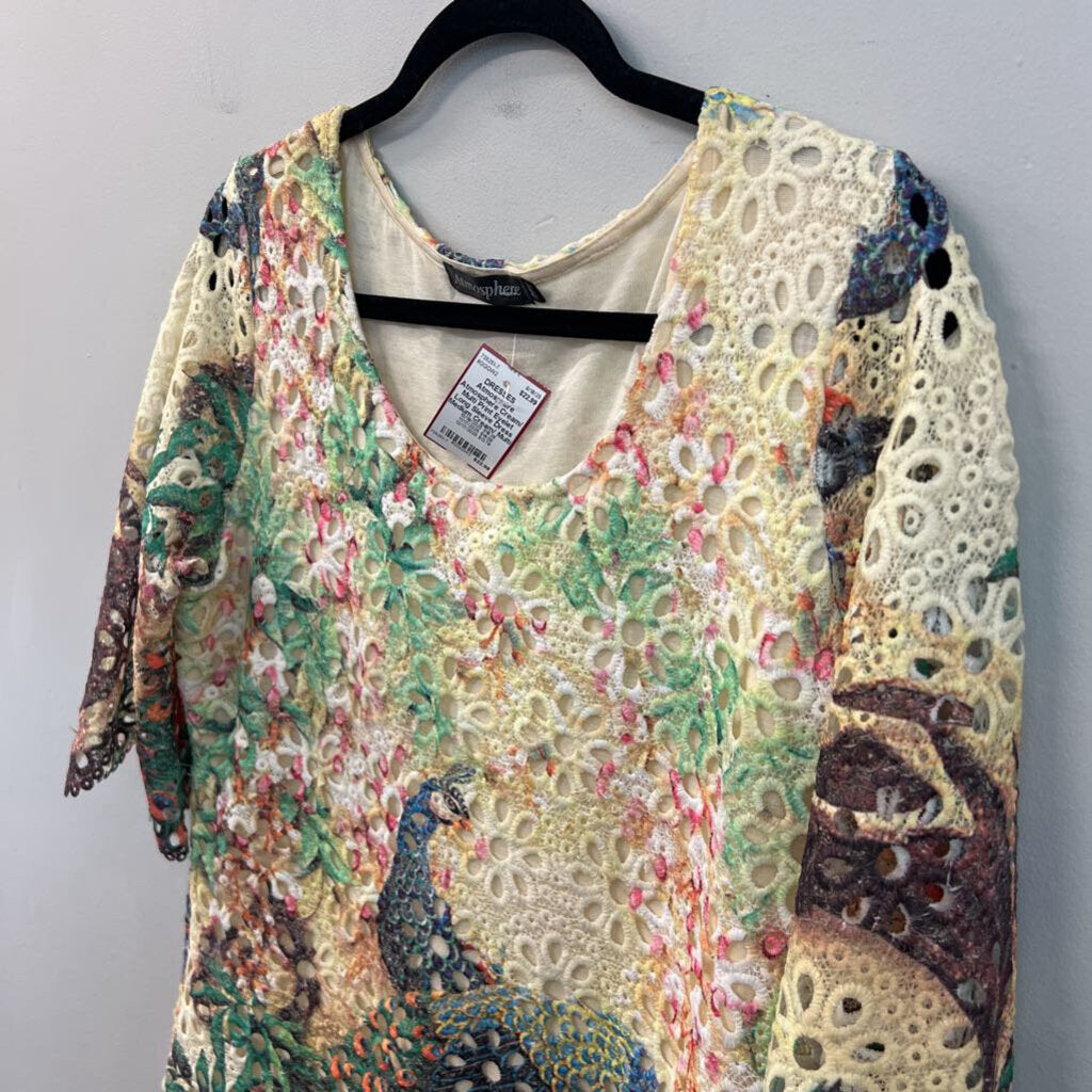 Atmosphere Cream/ Multi Print Eyelet Long Sleeve Dress Medium