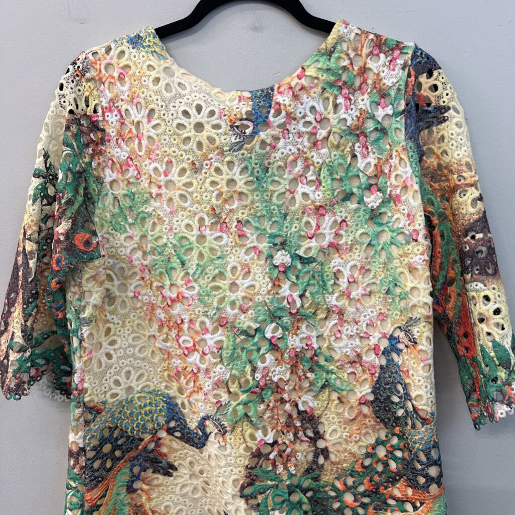 Atmosphere Cream/ Multi Print Eyelet Long Sleeve Dress Medium