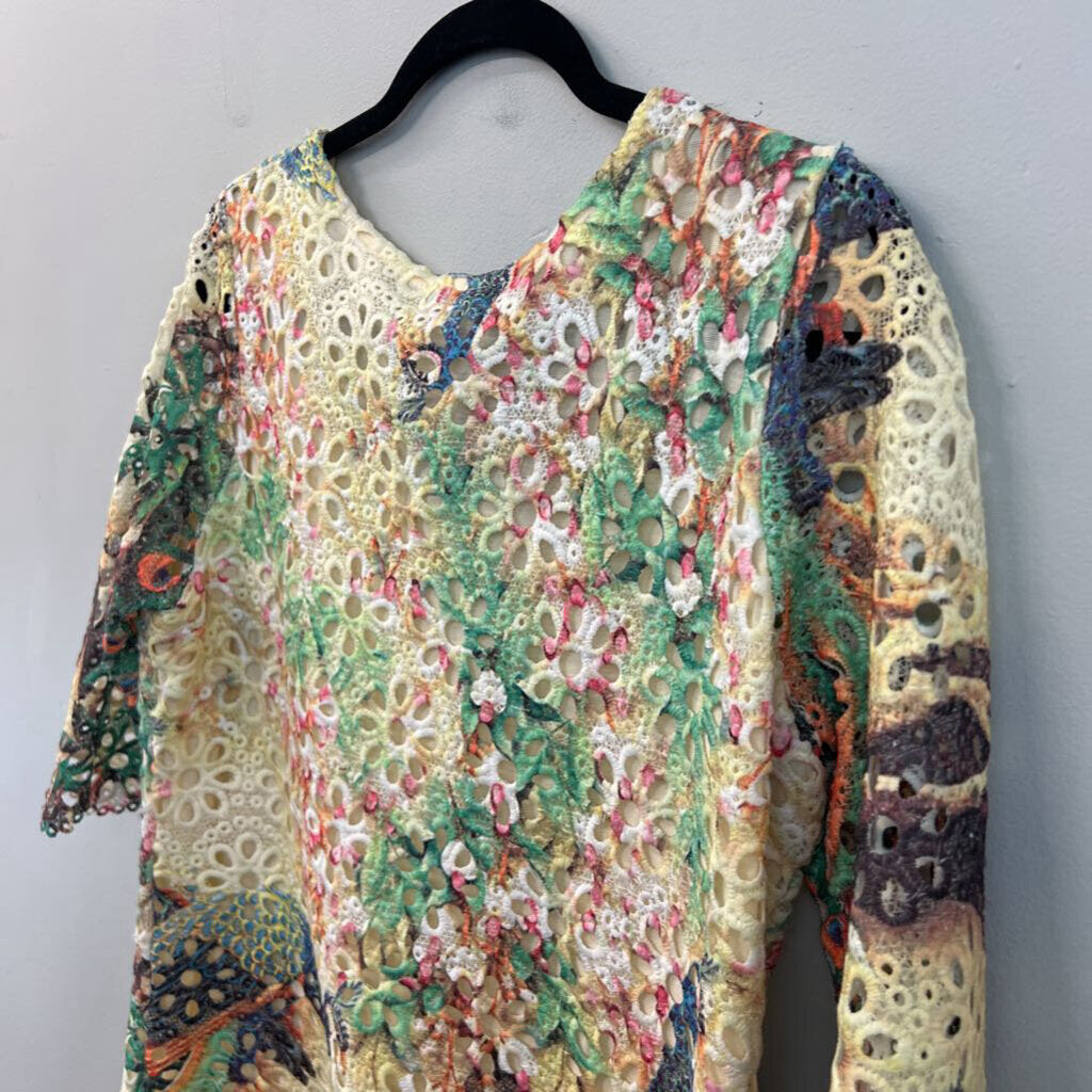 Atmosphere Cream/ Multi Print Eyelet Long Sleeve Dress Medium