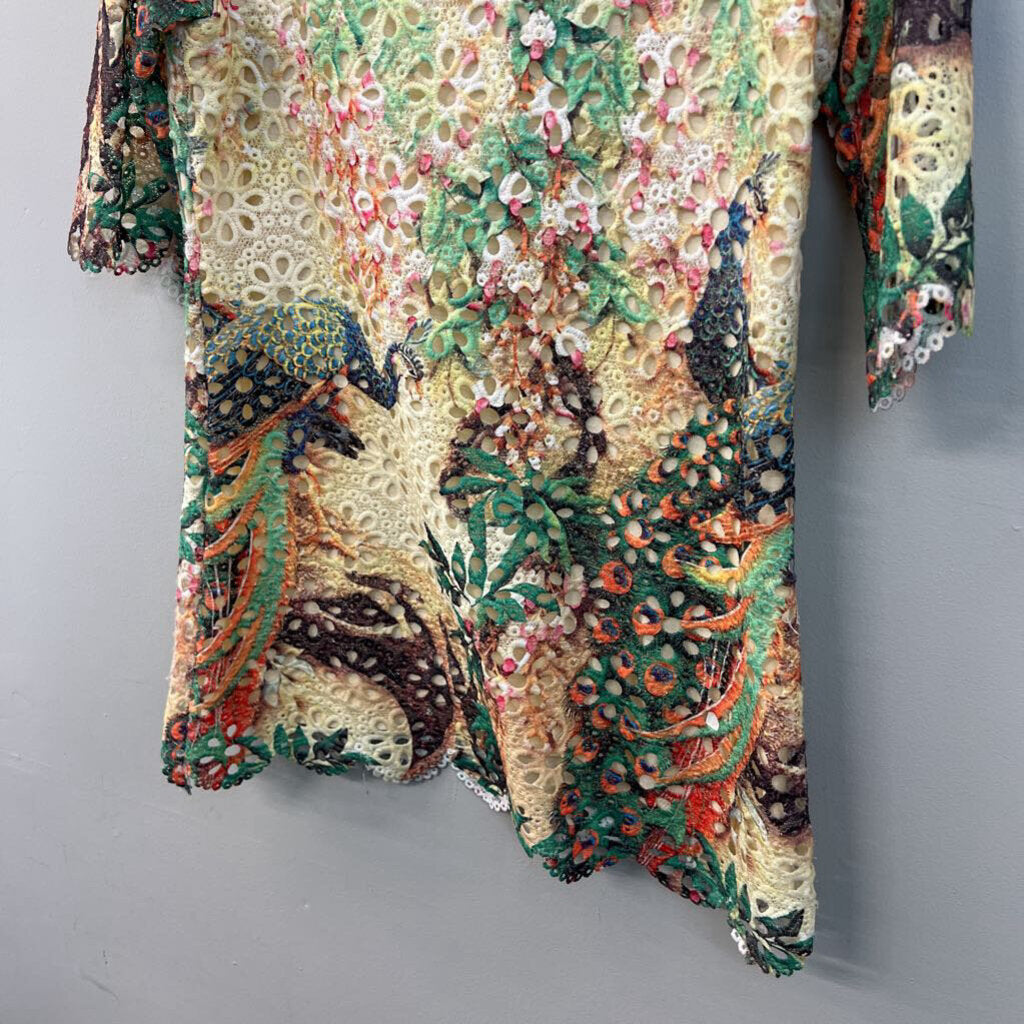 Atmosphere Cream/ Multi Print Eyelet Long Sleeve Dress Medium