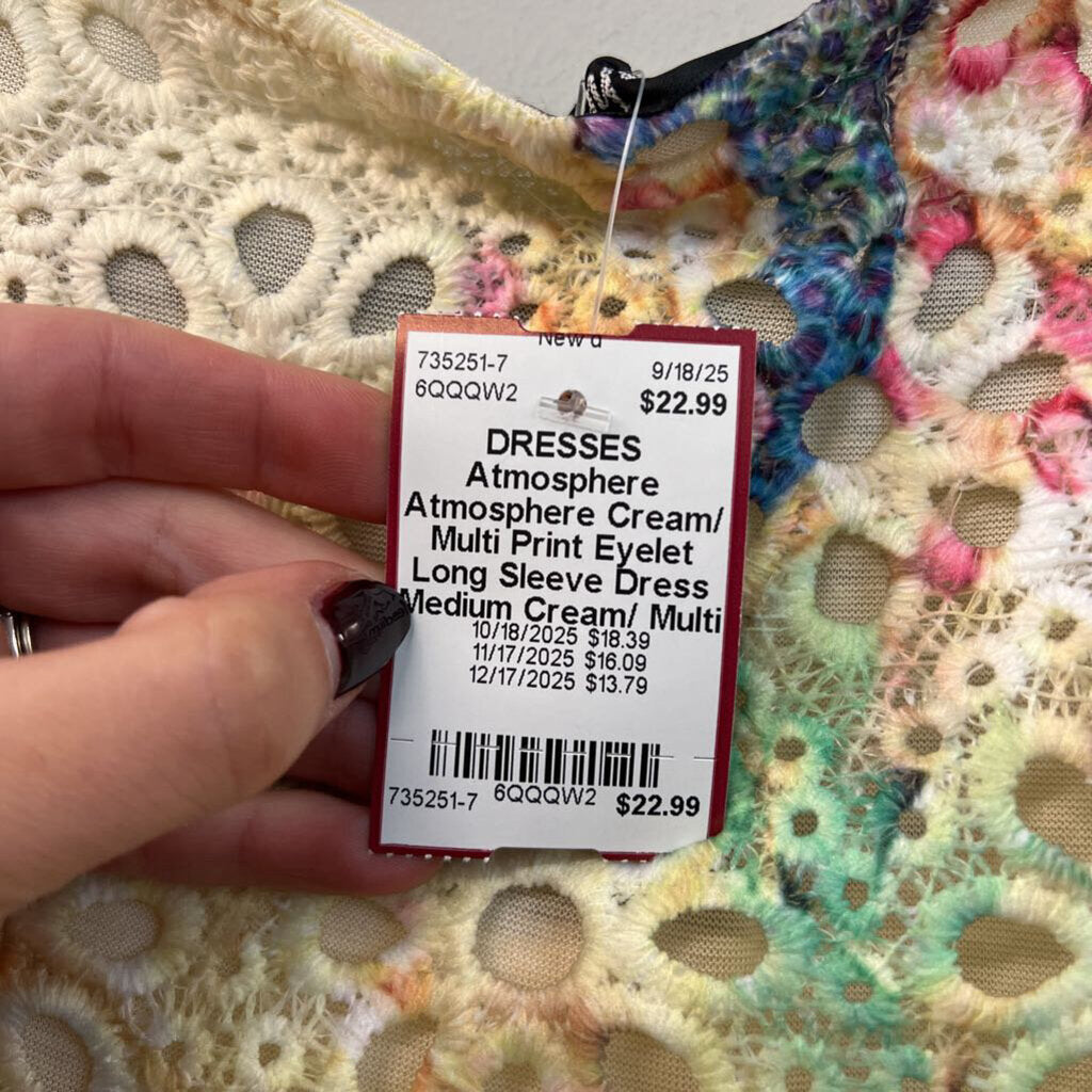 Atmosphere Cream/ Multi Print Eyelet Long Sleeve Dress Medium