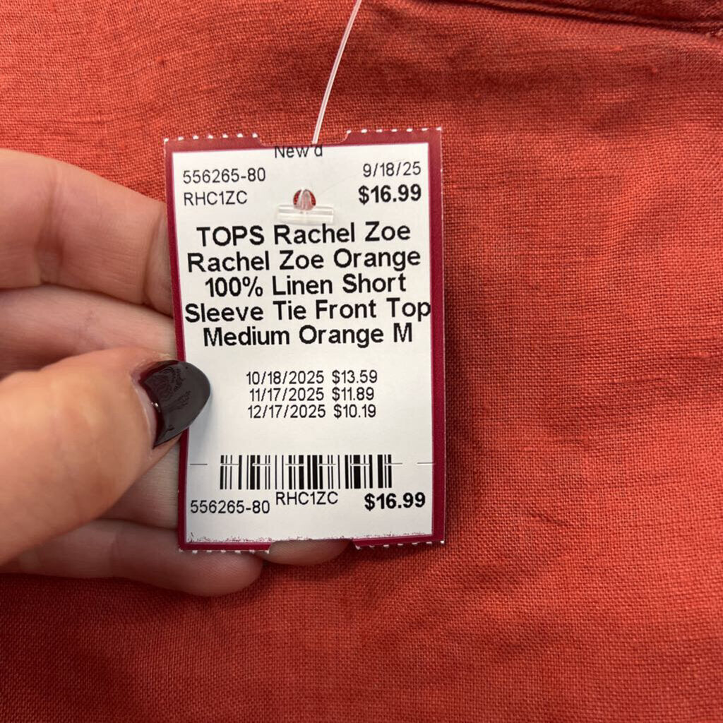 Rachel Zoe Orange 100% Linen Short Sleeve Tie Front Top Medium