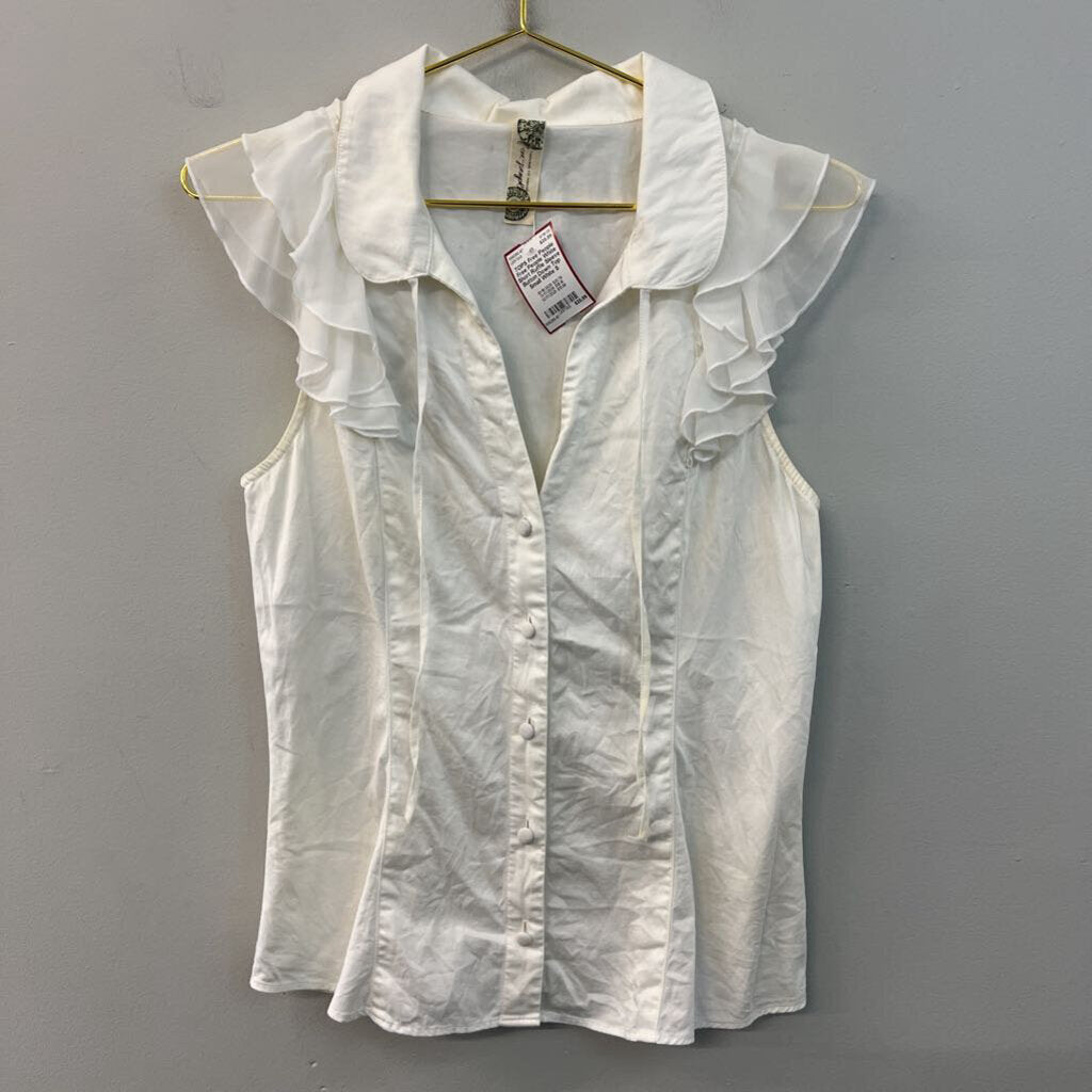 Free People White Short Ruffle Sleeve Button Down Top Small