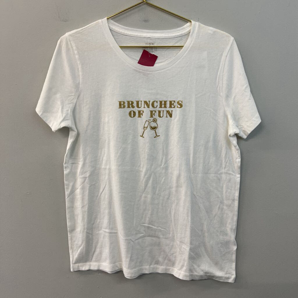 J Crew White/ Gold Brunches of Fun Short Sleeve Graphic Tee Large