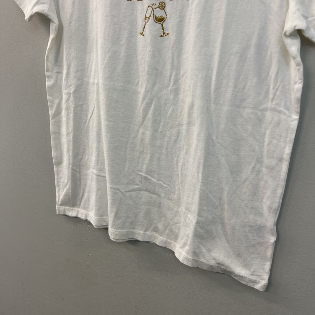 J Crew White/ Gold Brunches of Fun Short Sleeve Graphic Tee Large