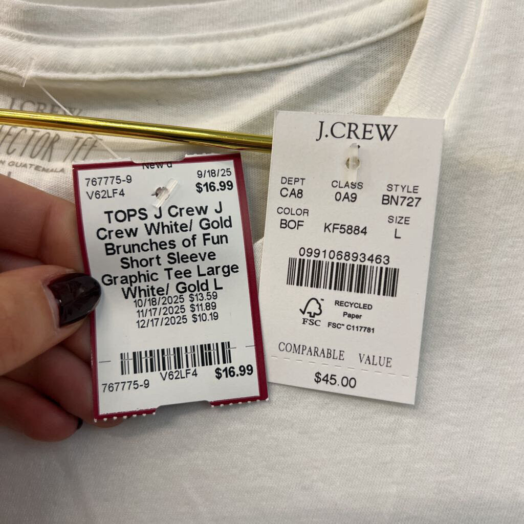 J Crew White/ Gold Brunches of Fun Short Sleeve Graphic Tee Large