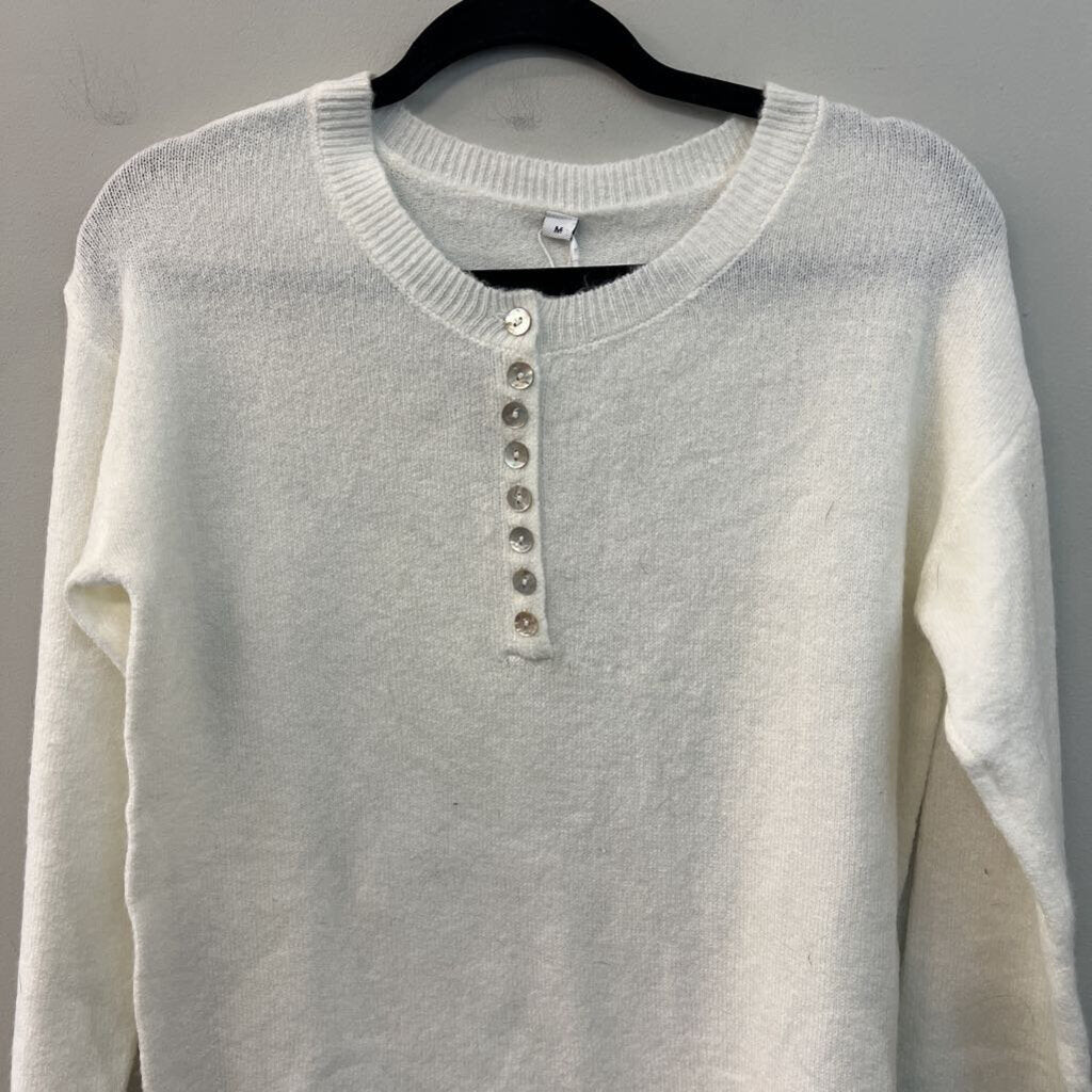 White Knit Long Sleeve Henley Top Medium