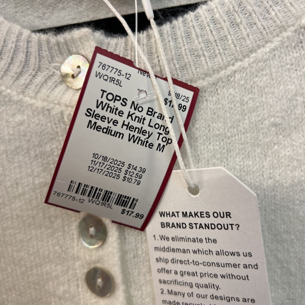 White Knit Long Sleeve Henley Top Medium