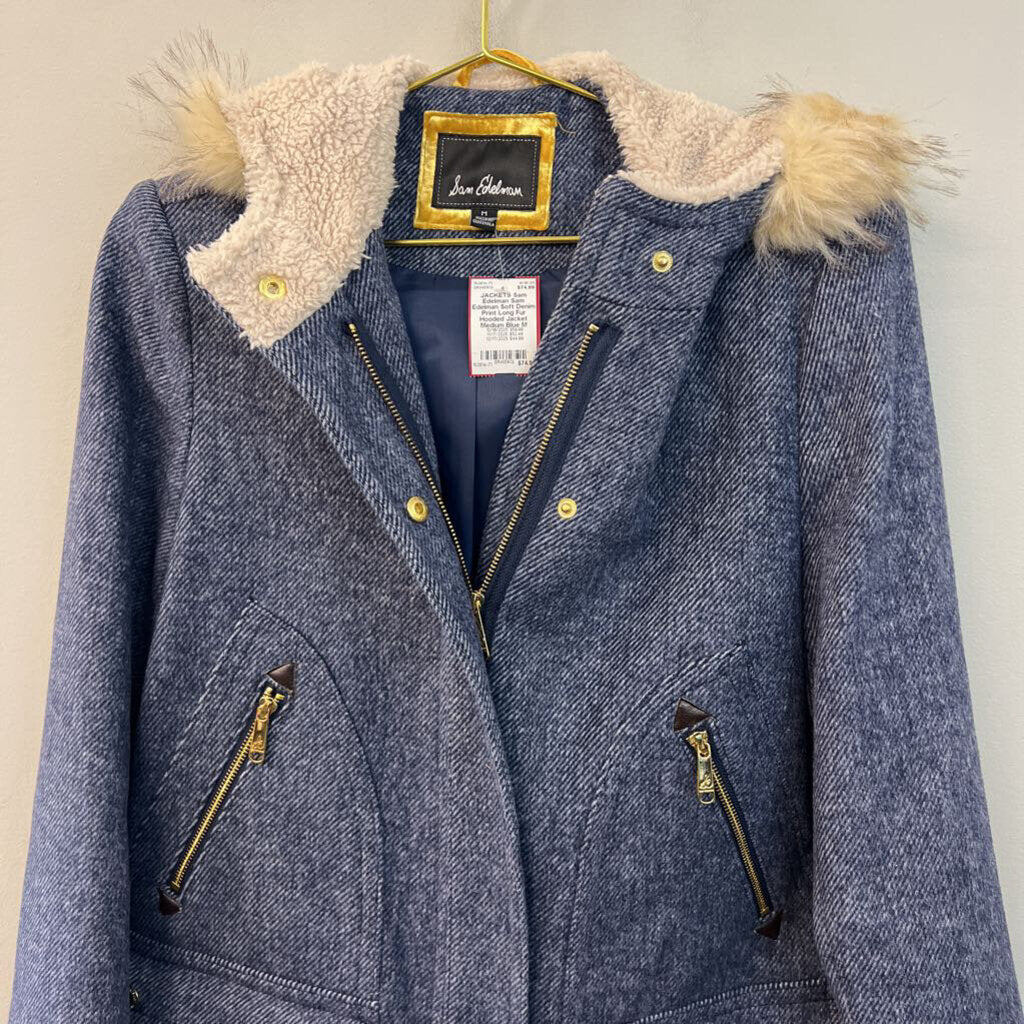 Sam Edelman Soft Denim Print Long Fur Hooded Jacket Medium