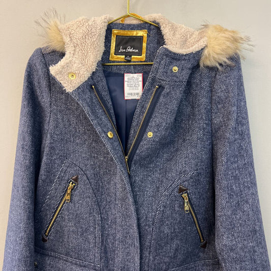 Sam Edelman Soft Denim Print Long Fur Hooded Jacket Medium