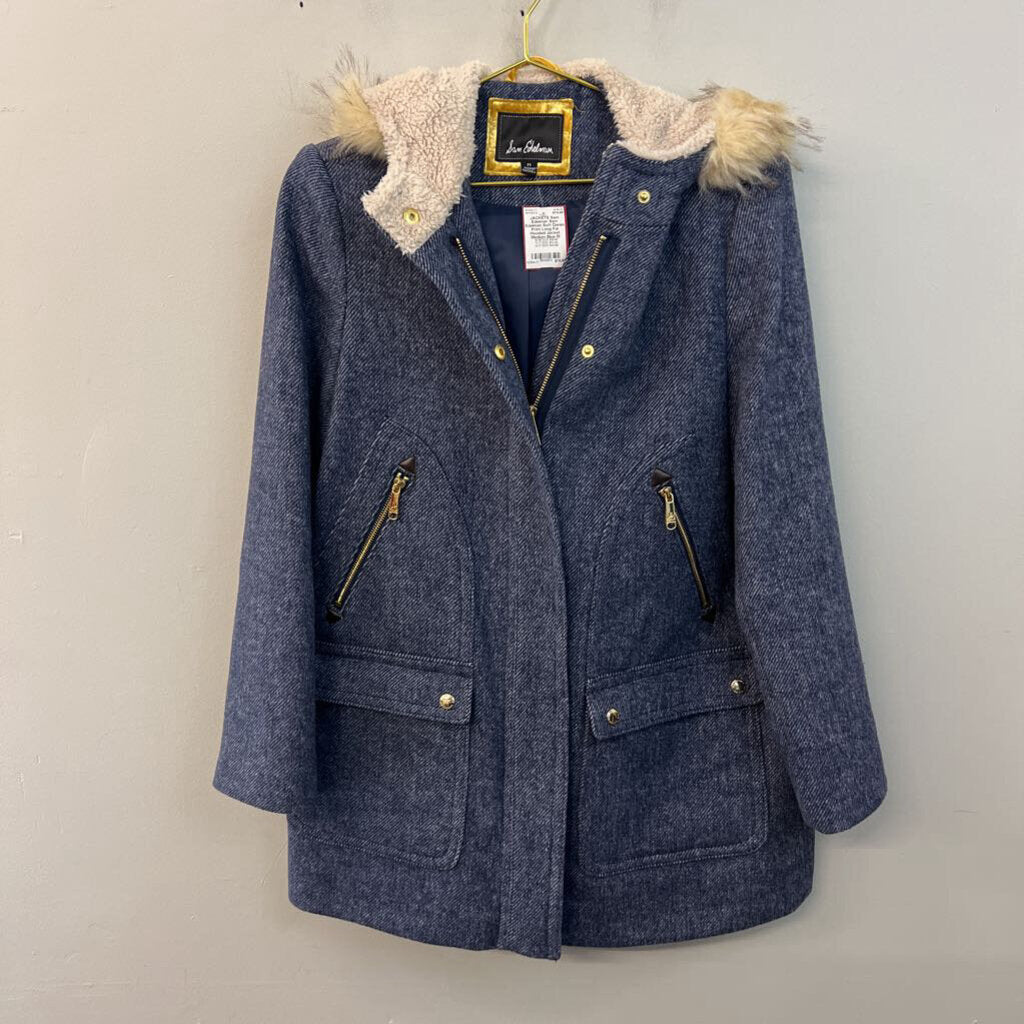 Sam Edelman Soft Denim Print Long Fur Hooded Jacket Medium